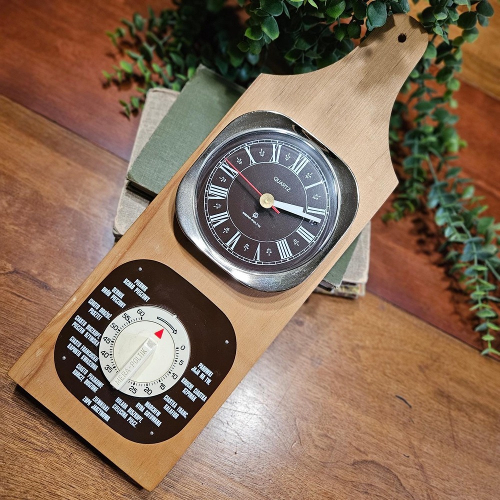 Vintage Mera-Poltik Polish Kitchen Wall Clock Timer Cooking Guide Wood Decor
